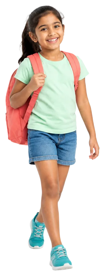 A smiling girl with a coral backpack walking