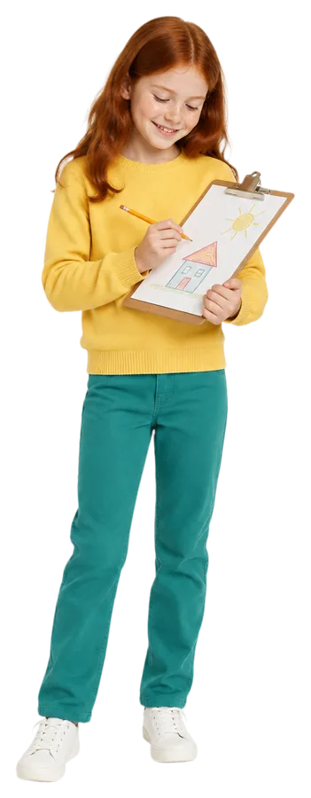 A red-haired girl drawing a house and a sun on a clipboard