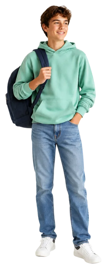 A smiling teenage boy in a mint hoodie with a backpack over one shoulder
