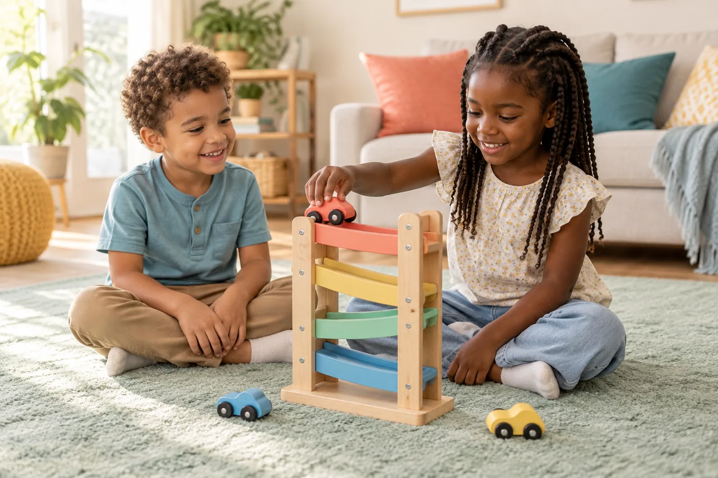 Two children sitting on a rug taking turns with a wooden toy car ramp