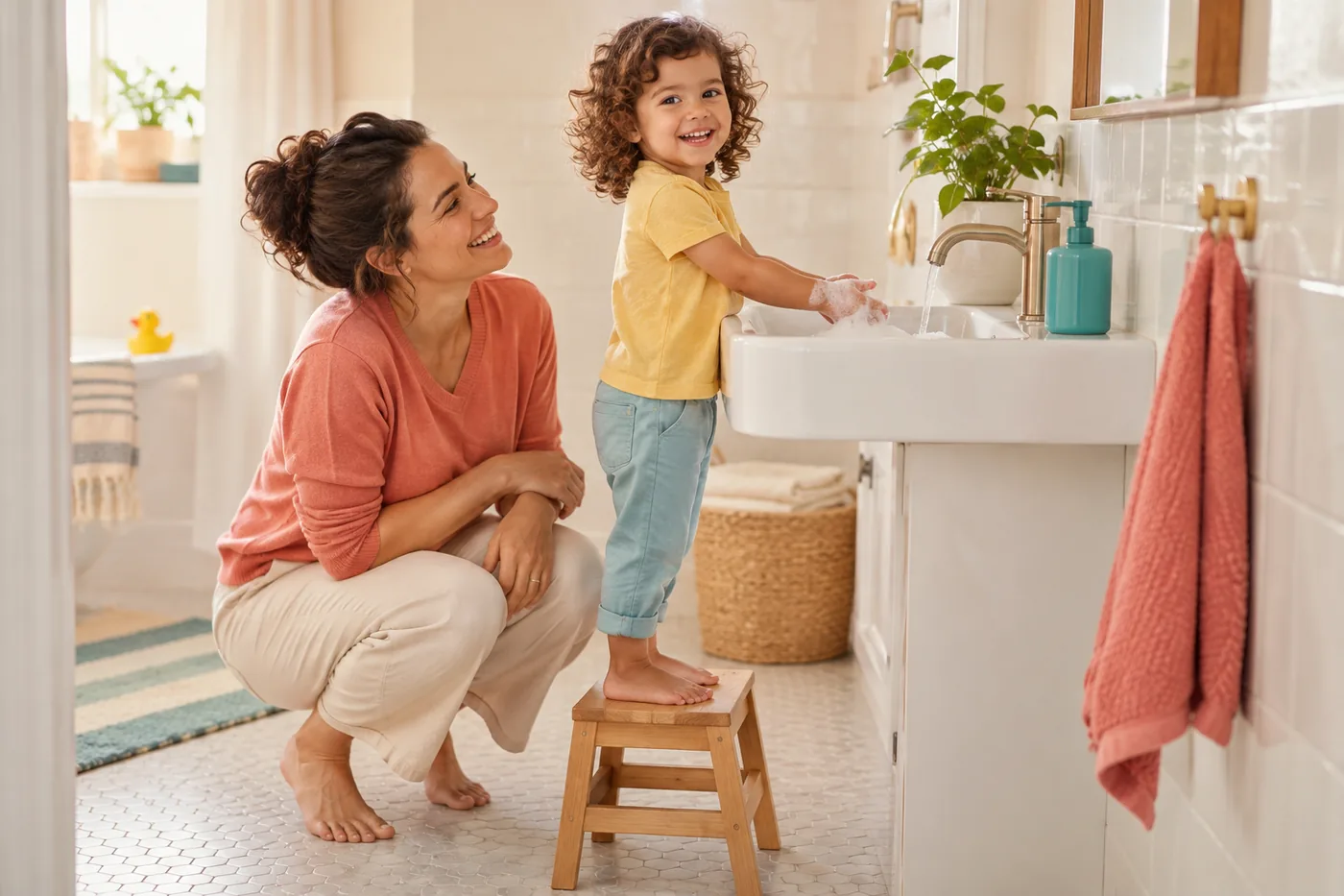 A young child on a step stool washing soapy hands at a sink while a smiling mother crouches beside them