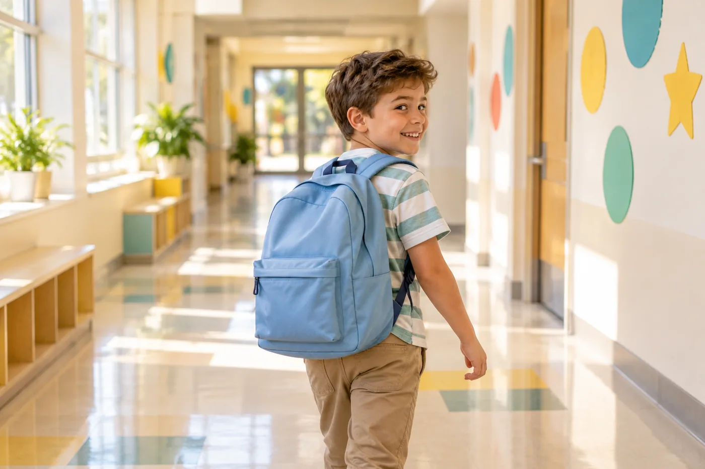 A boy with a blue backpack walking down a bright school hallway and looking back with a smile
