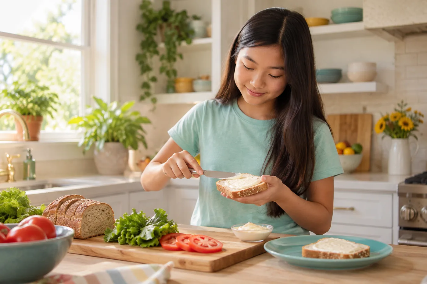 A teenage girl spreading a slice of bread to make a sandwich in a sunny kitchen