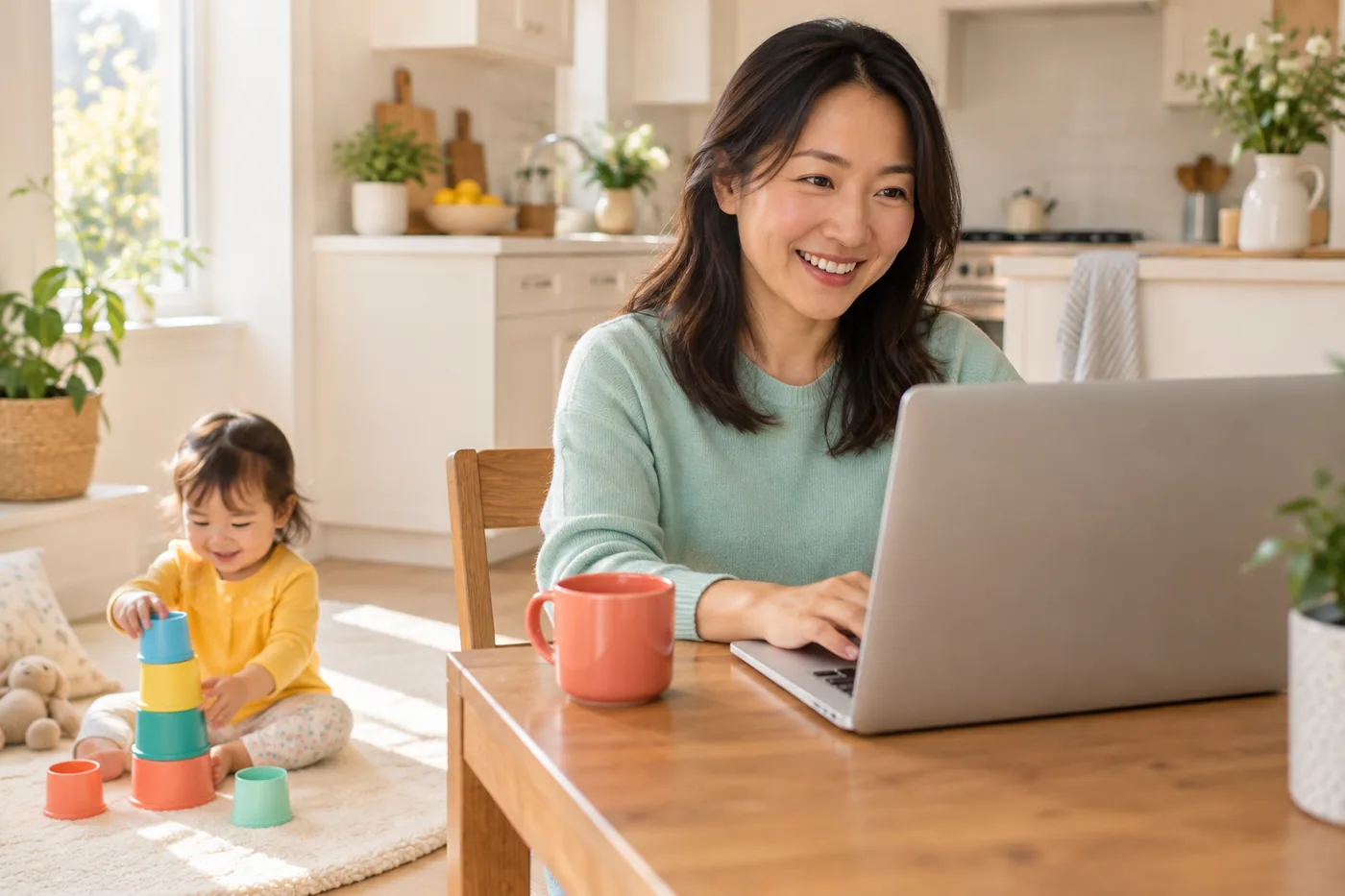 A mother smiling on a video call at her laptop at the kitchen table while her toddler stacks cups on the floor nearby